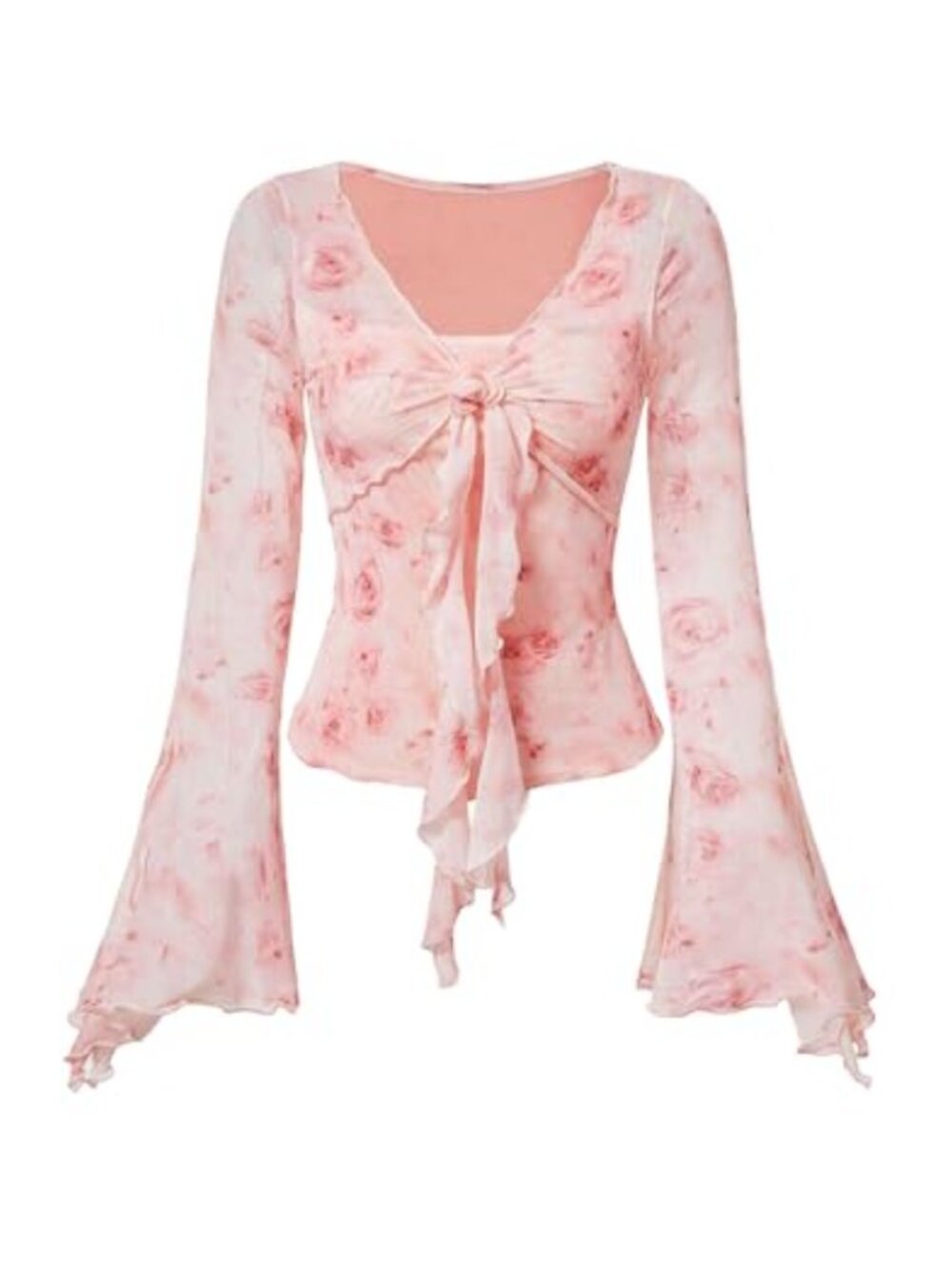 Women's Floral Tie Front T-Shirt Bell Sleeve Long Sleeve Slim Fit Top